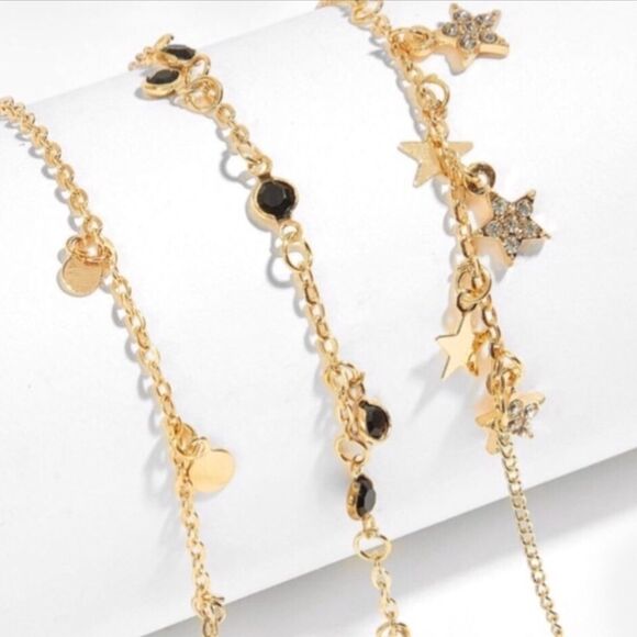 Gold Charming Stacking Anklet Set of 3 NEW - Picture 2 of 4